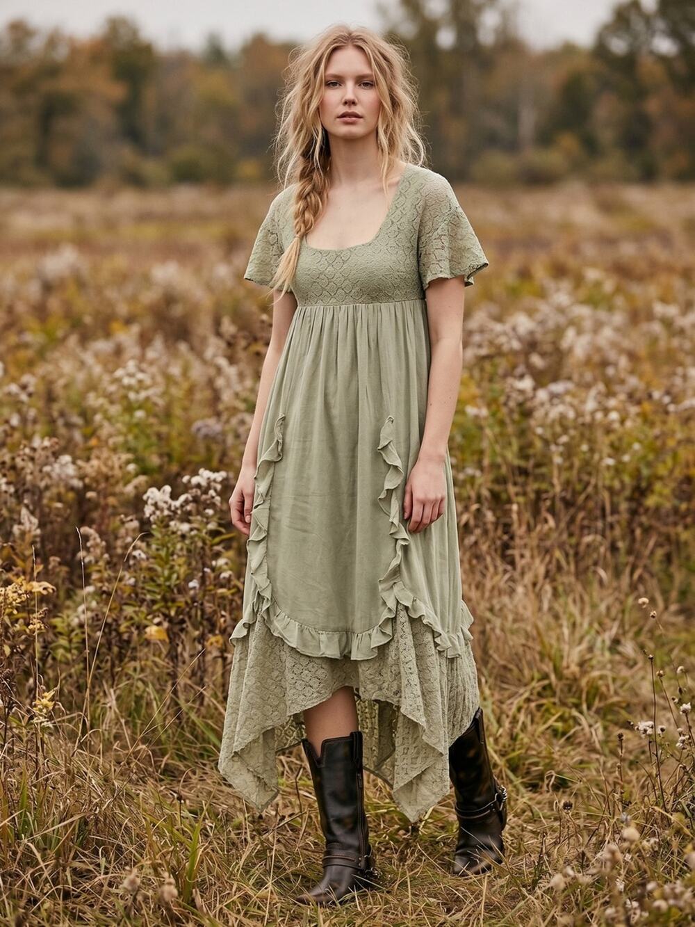 Free People Ethereal Bohemian Bring The Romance Maxi Dress Stone Moss Large